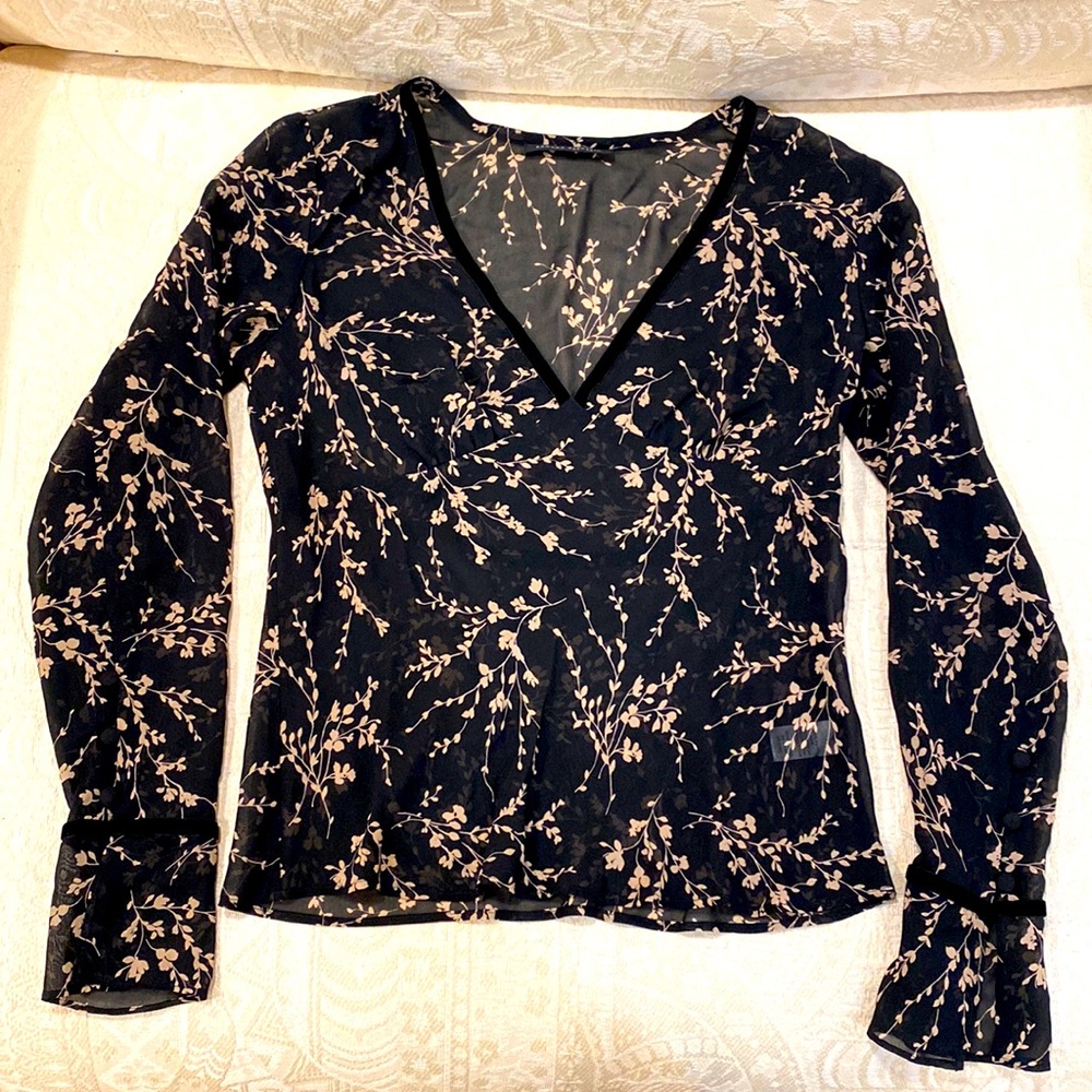 Banana Republic Silk Sheer Blouse.  Velvet trim at neckline & sleeve cuffs.